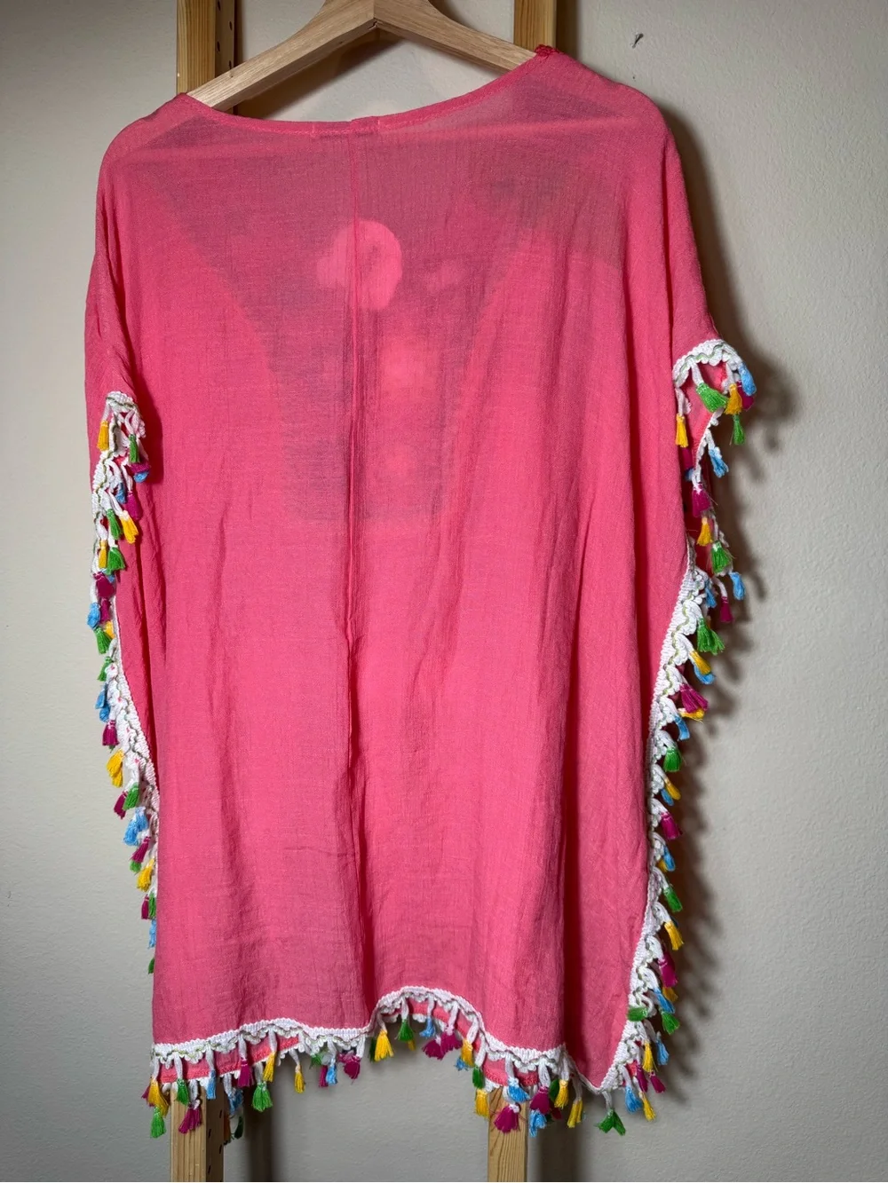 Dasayo Pink Boho Crochet Granny Square Tassel Beach Cover Up Kaftan Dress OS